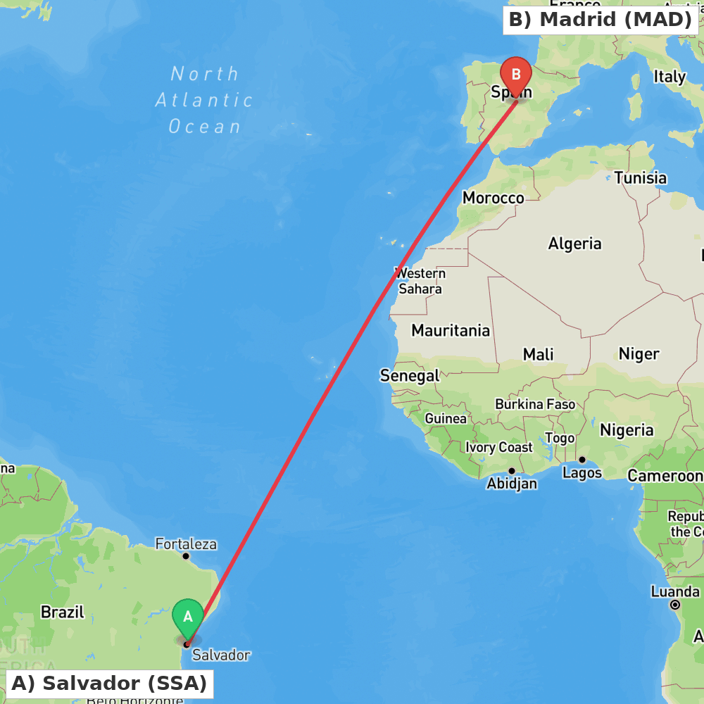 Flight route map from Salvador to Madrid