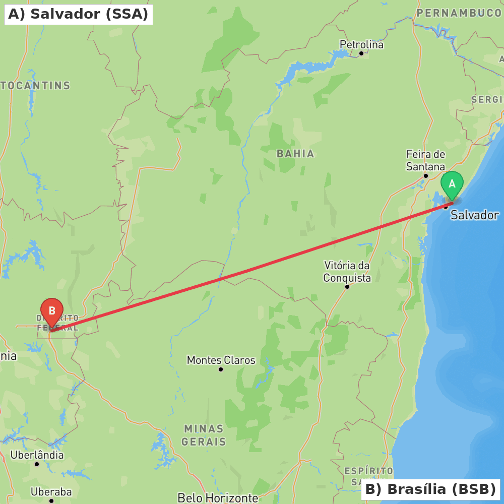 Flight route map from Salvador to Brasília