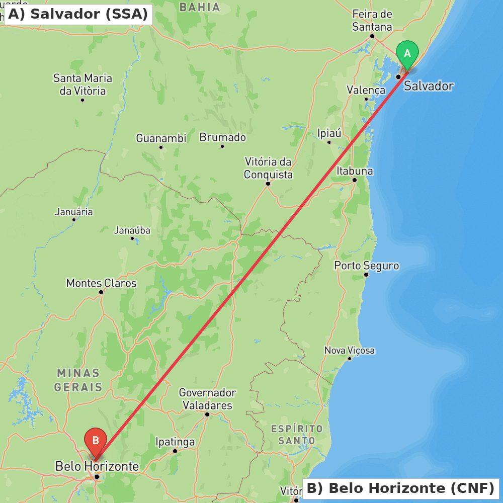 Flight route map from Salvador to Belo Horizonte