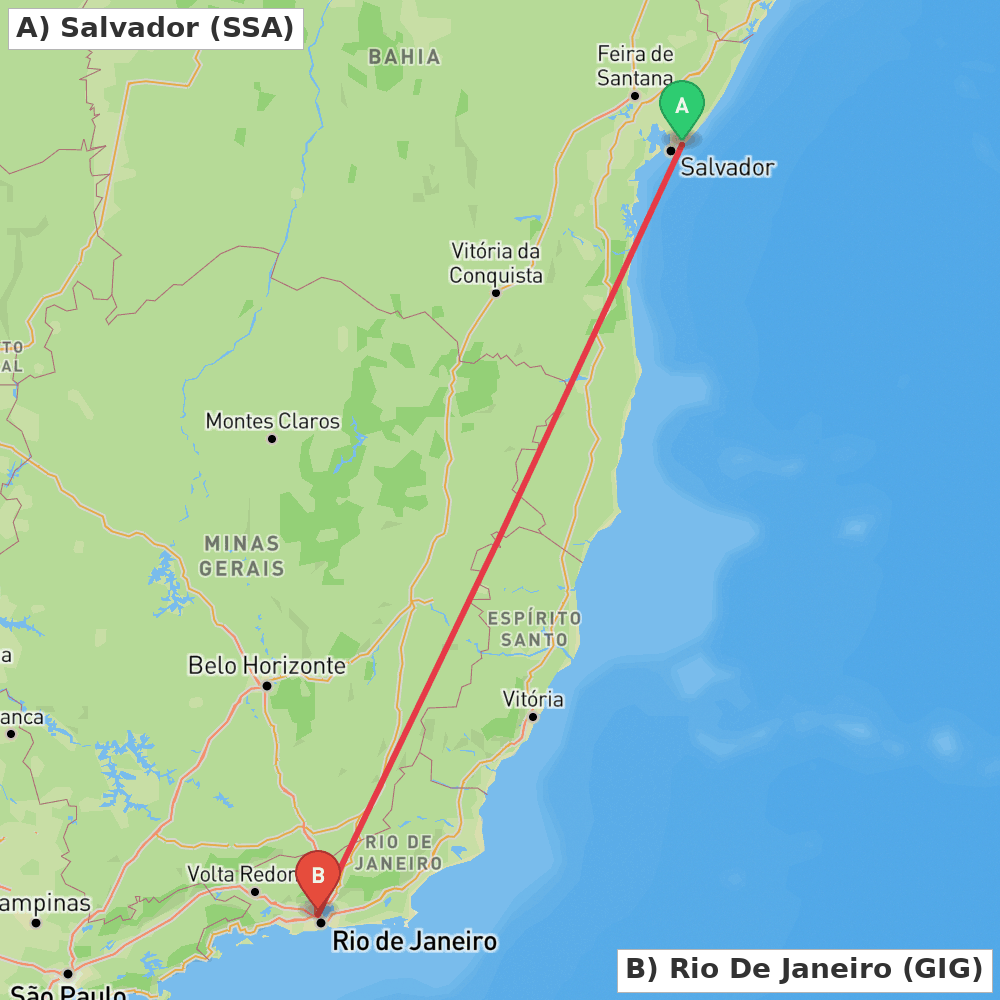 Flight route map from Salvador to Rio De Janeiro