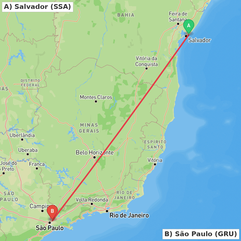 Flight route map from Salvador to São Paulo
