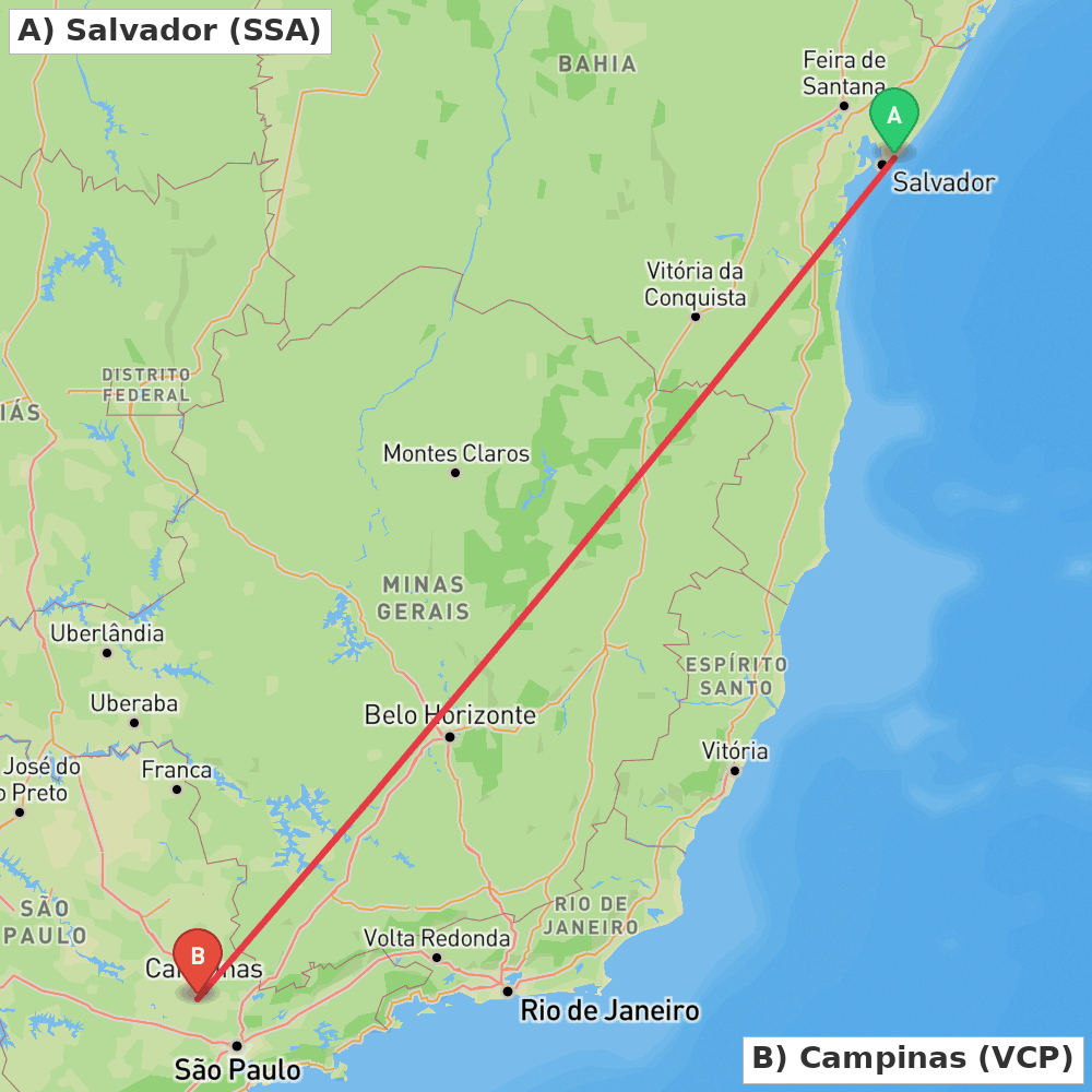 Flight route map from Salvador to Campinas