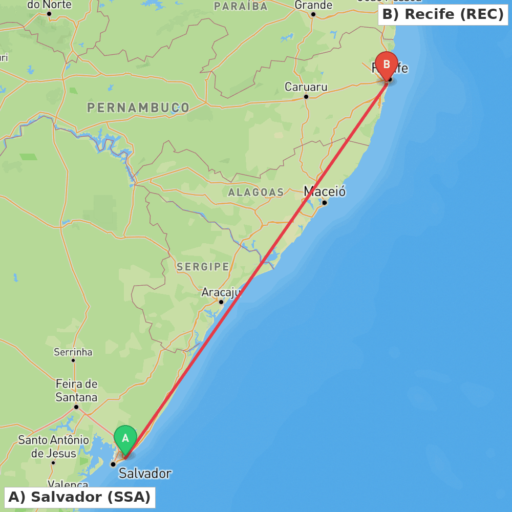 Flight route map from Salvador to Recife