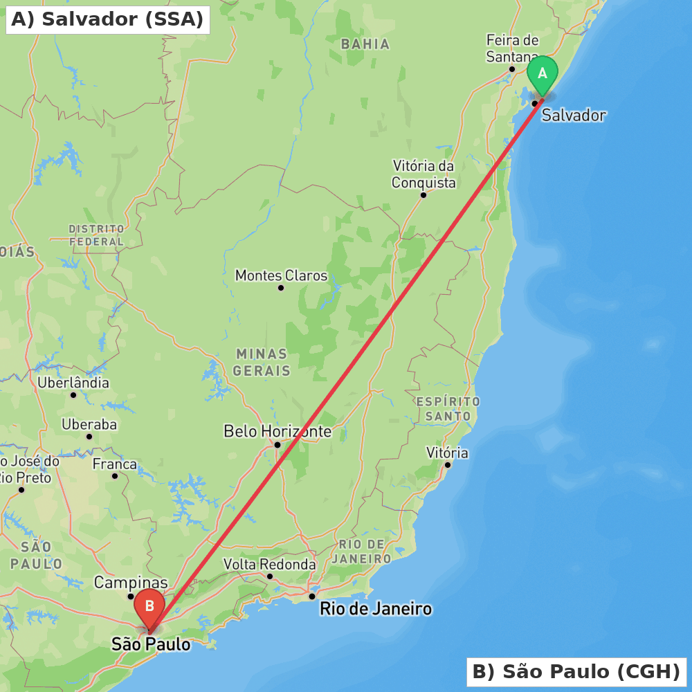 Flight route map from Salvador to São Paulo