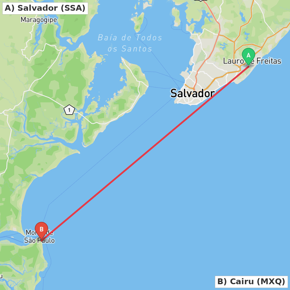 Flight route map from Salvador to Cairu