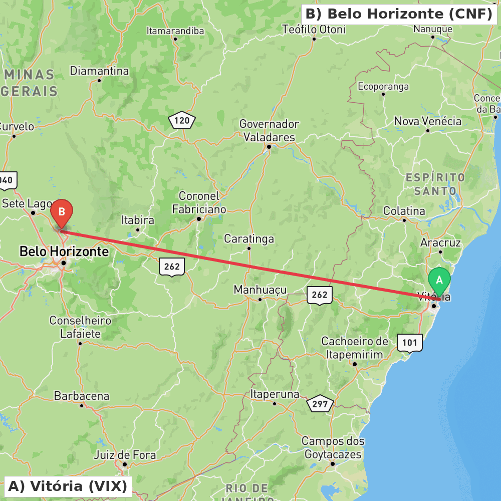 Flight route map from Vitória to Belo Horizonte