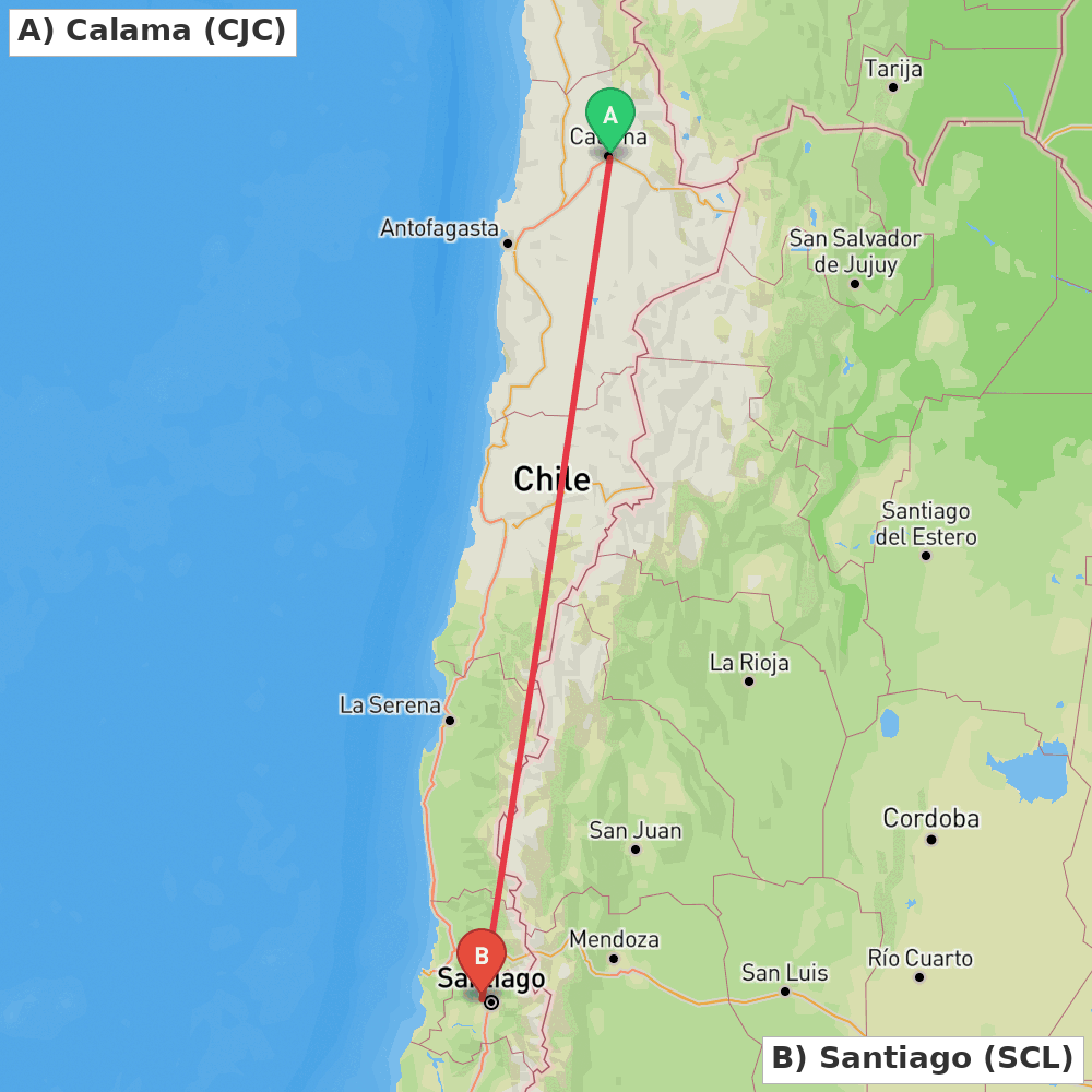 Flight route map from Calama to Santiago