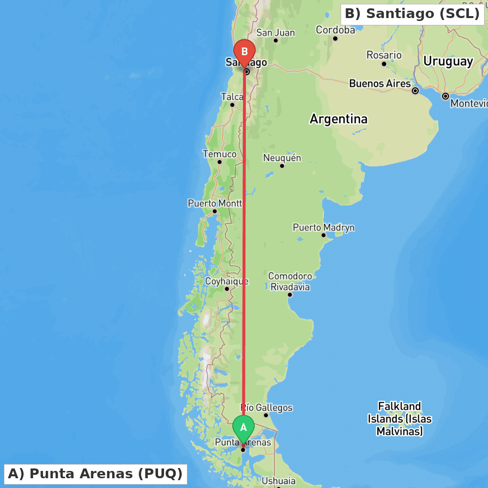 Flight route map from Punta Arenas to Santiago