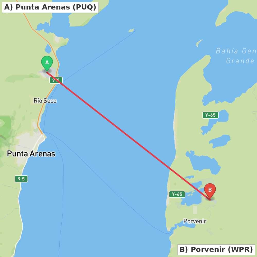 Flight route map from Punta Arenas to Porvenir