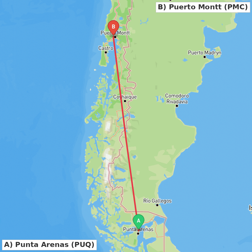 Flight route map from Punta Arenas to Puerto Montt