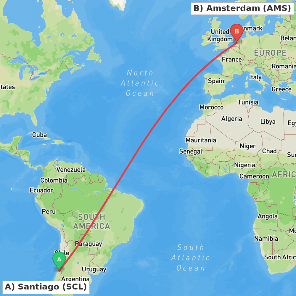 Flight route map from Santiago to Amsterdam