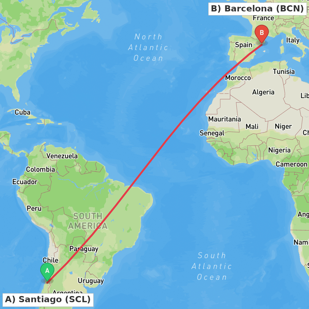Flight route map from Santiago to Barcelona