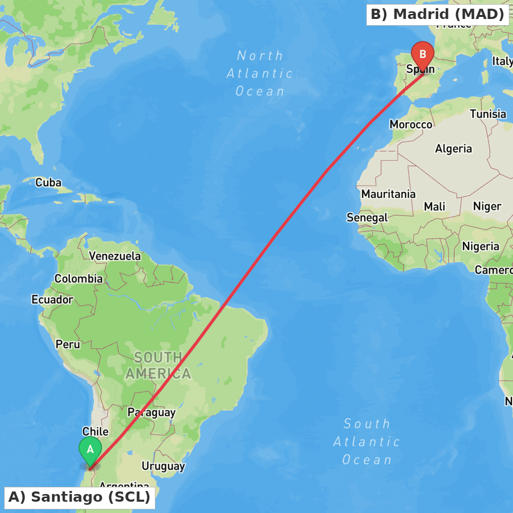 Flight route map from Santiago to Madrid