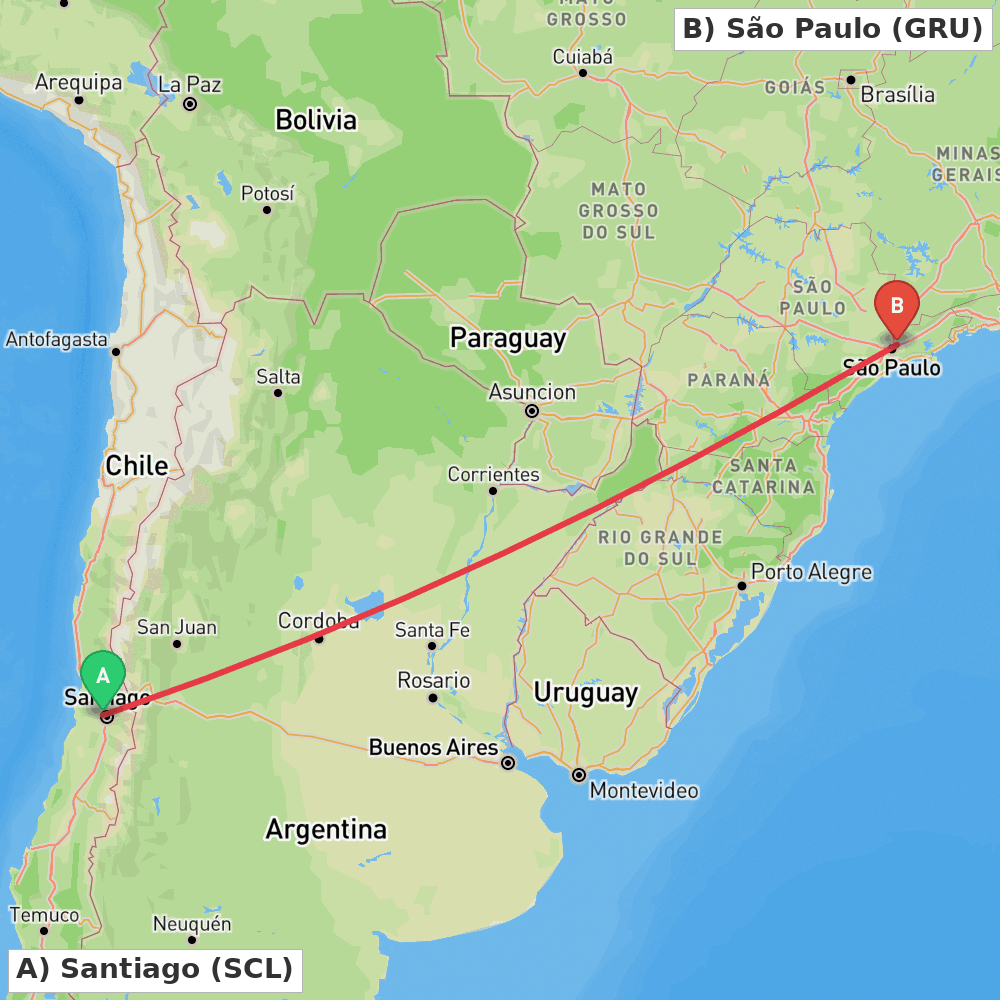 Flight route map from Santiago to São Paulo