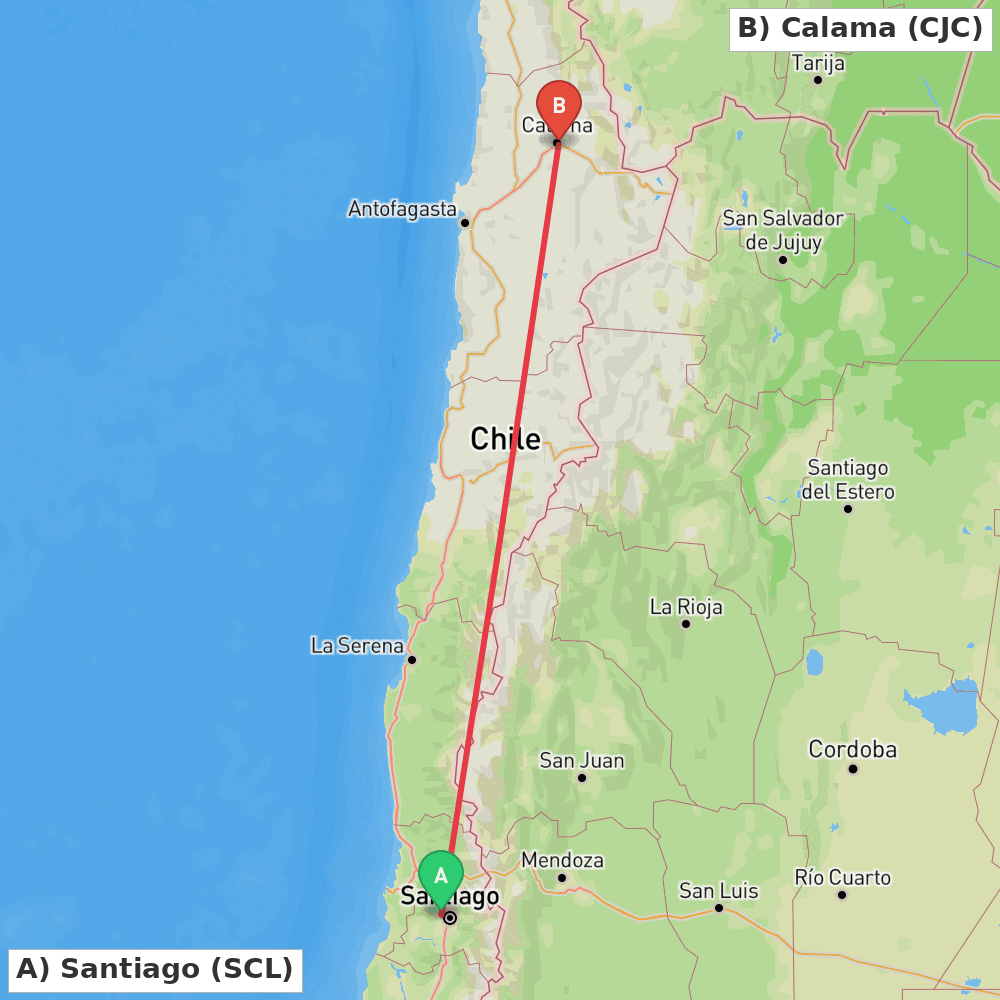 Flight route map from Santiago to Calama