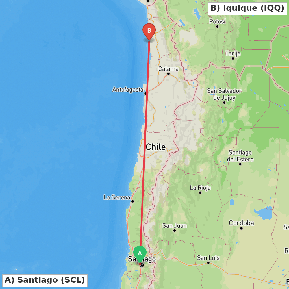 Flight route map from Santiago to Iquique