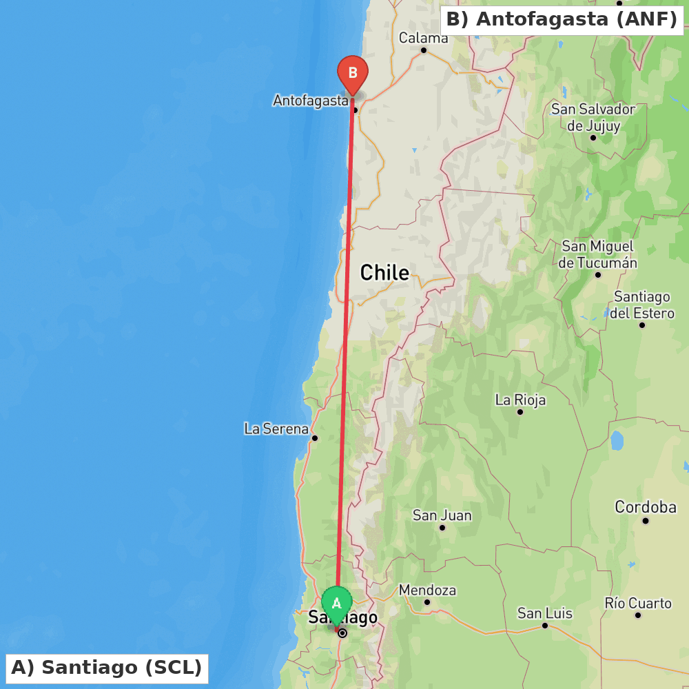 Flight route map from Santiago to Antofagasta