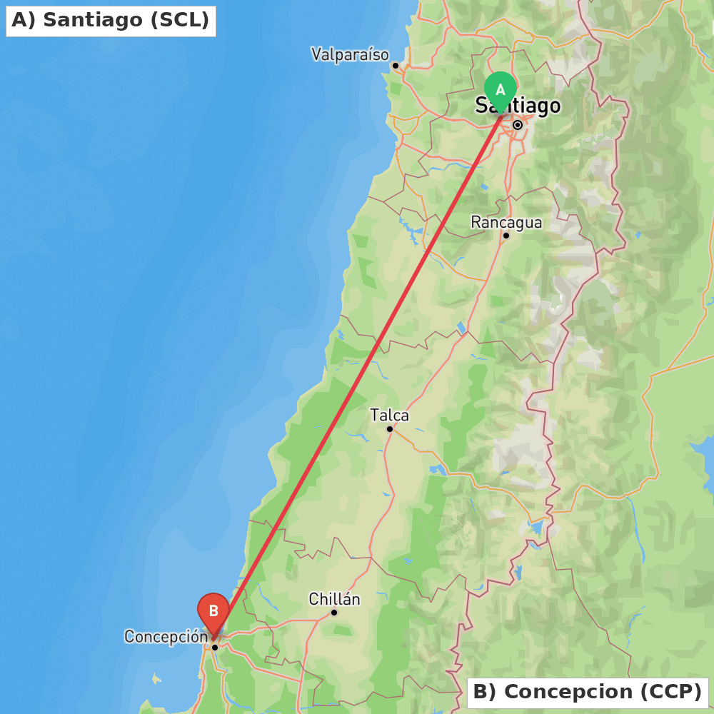 Flight route map from Santiago to Concepcion