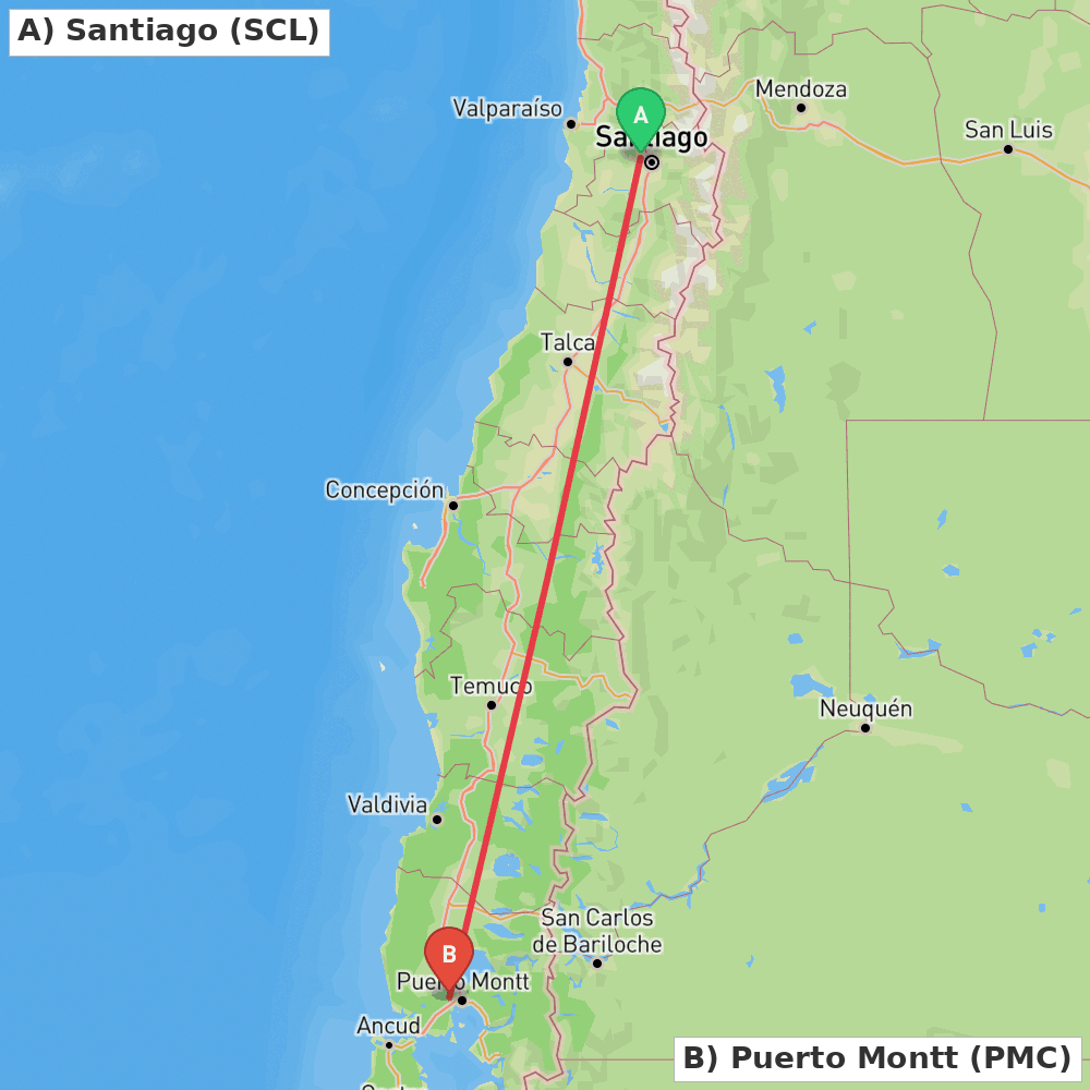 Flight route map from Santiago to Puerto Montt