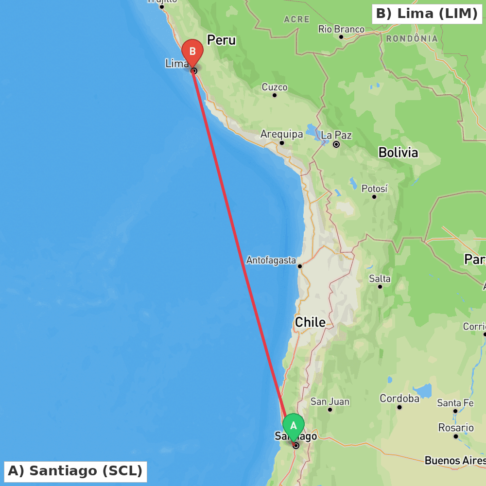 Flight route map from Santiago to Lima