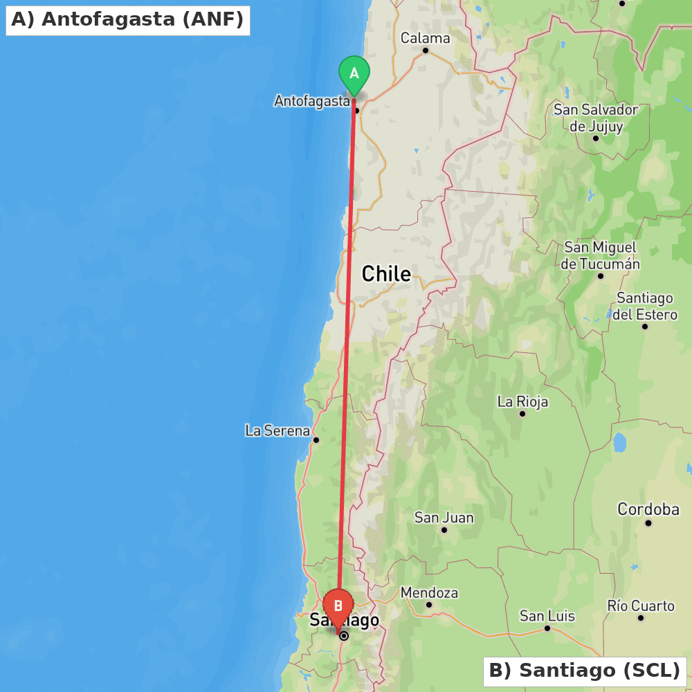 Flight route map from Antofagasta to Santiago