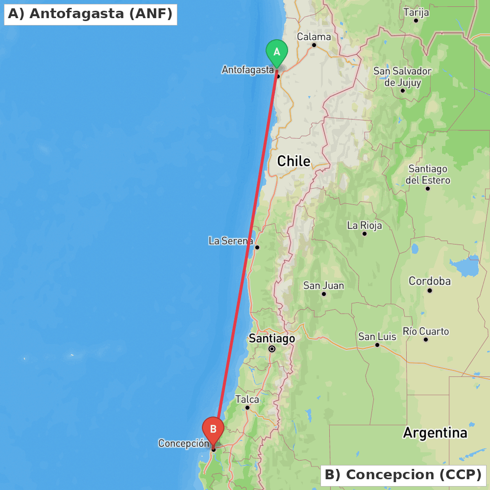 Flight route map from Antofagasta to Concepcion