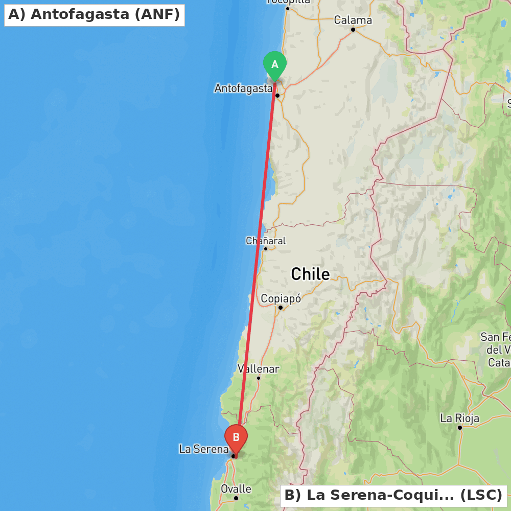 Flight route map from Antofagasta to La Serena-Coquimbo