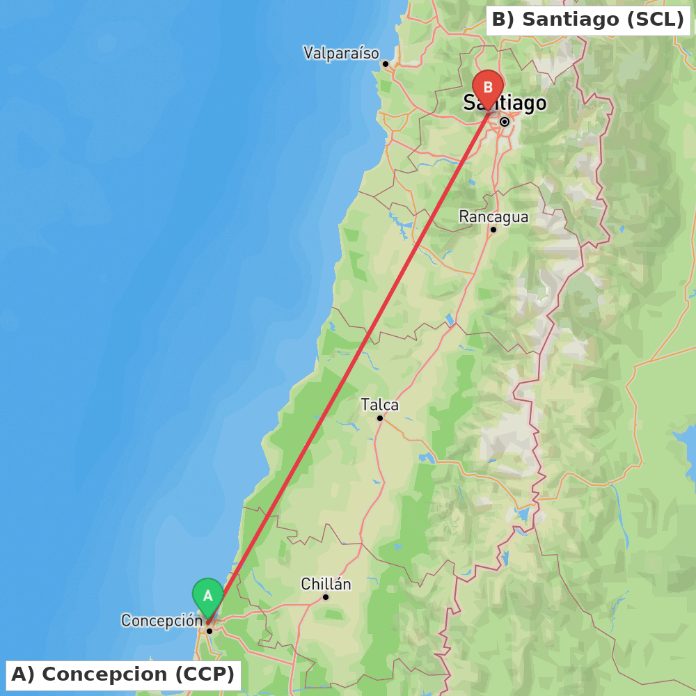 Flight route map from Concepcion to Santiago