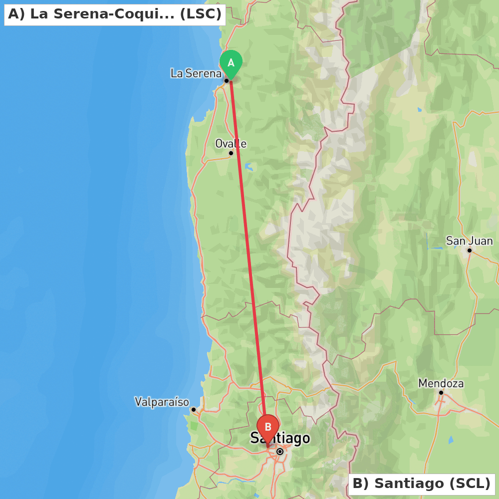 Flight route map from La Serena-Coquimbo to Santiago