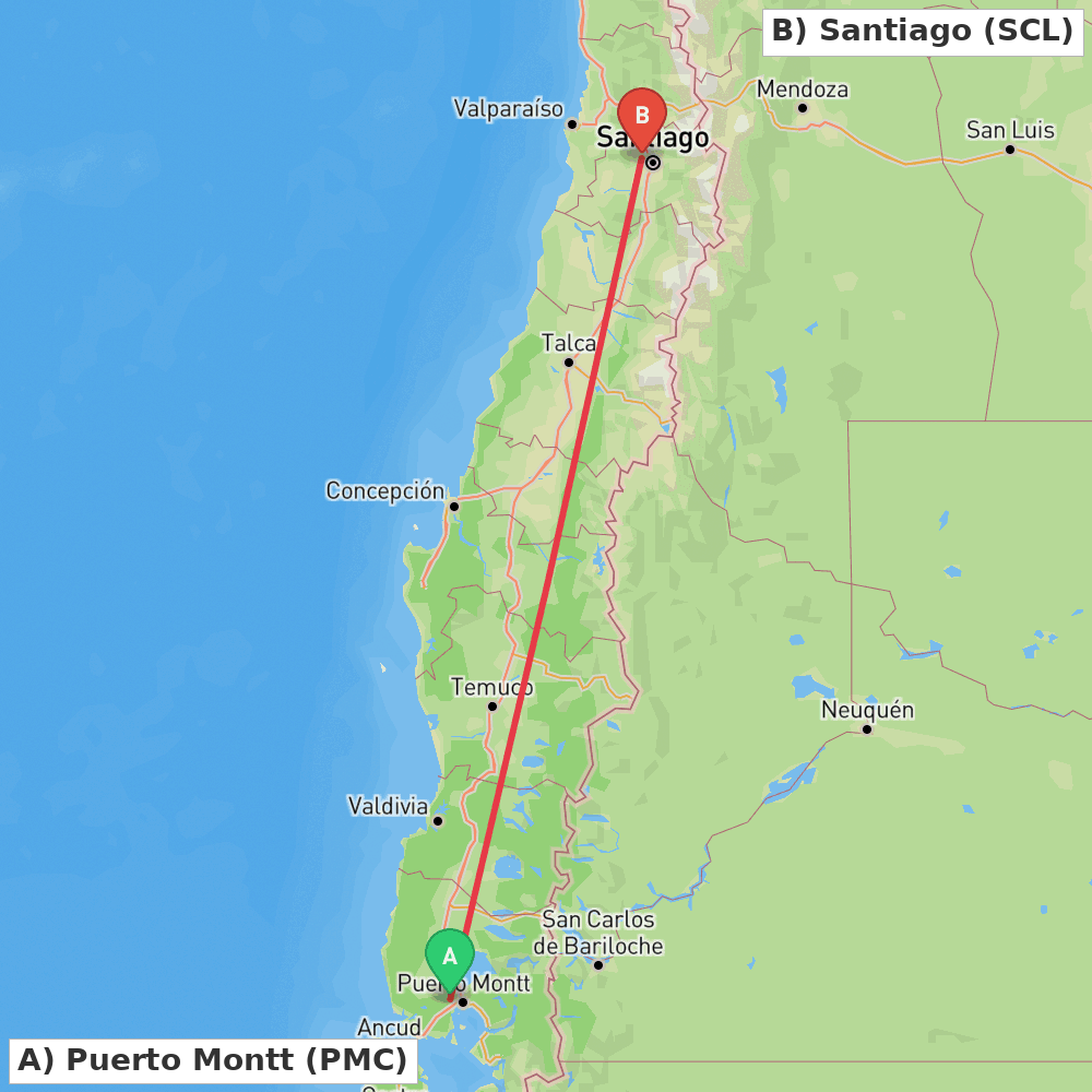Flight route map from Puerto Montt to Santiago
