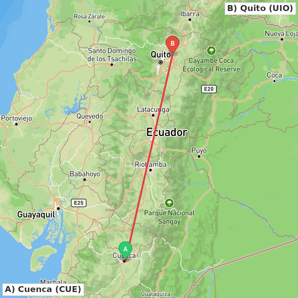 Flight route map from Cuenca to Quito