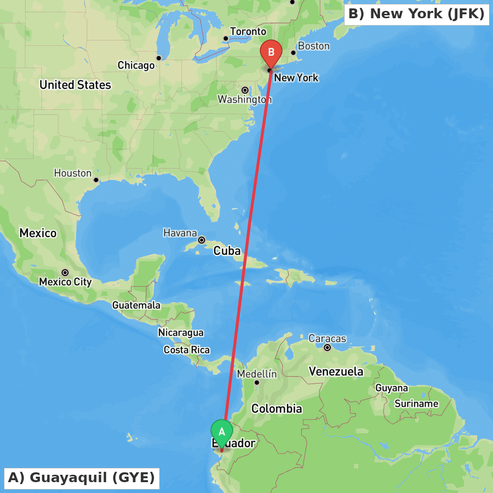 Flight route map from Guayaquil to New York