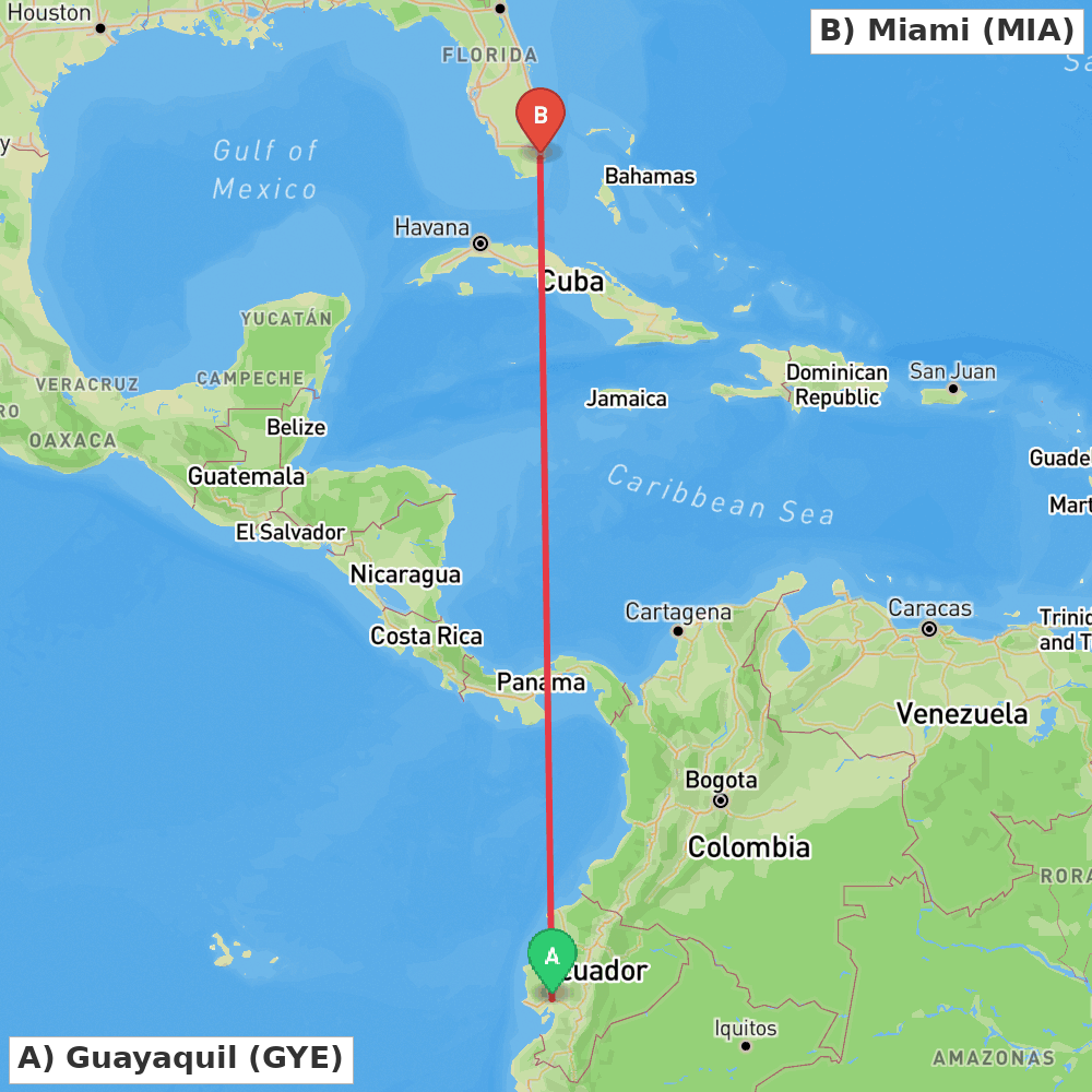 Flight route map from Guayaquil to Miami