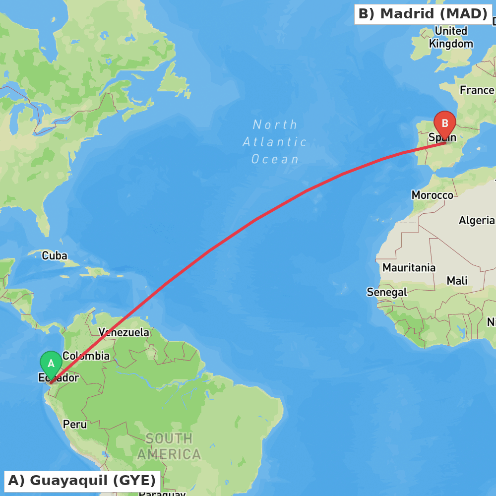Flight route map from Guayaquil to Madrid