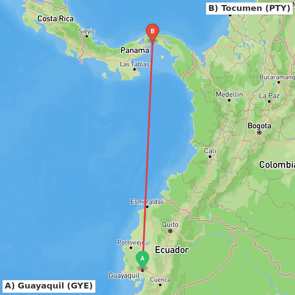 Flight route map from Guayaquil to Tocumen