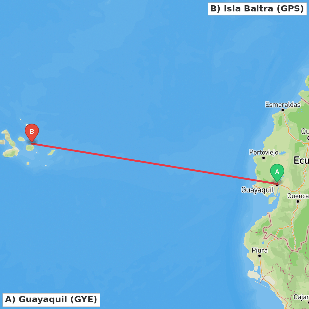Flight route map from Guayaquil to Isla Baltra