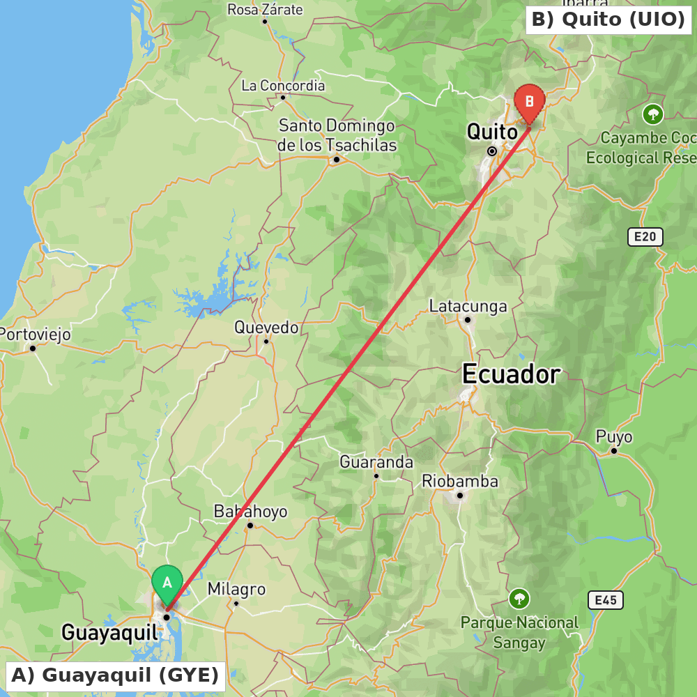 Flight route map from Guayaquil to Quito