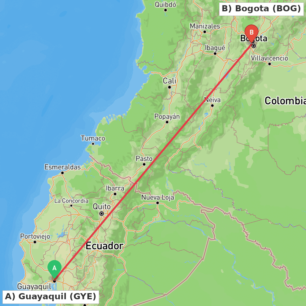 Flight route map from Guayaquil to Bogota