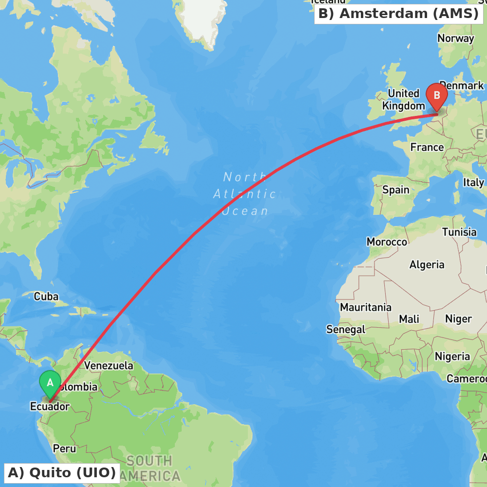 Flight route map from Quito to Amsterdam