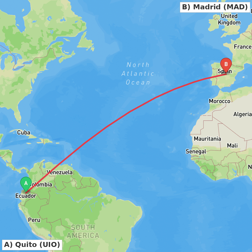 Flight route map from Quito to Madrid