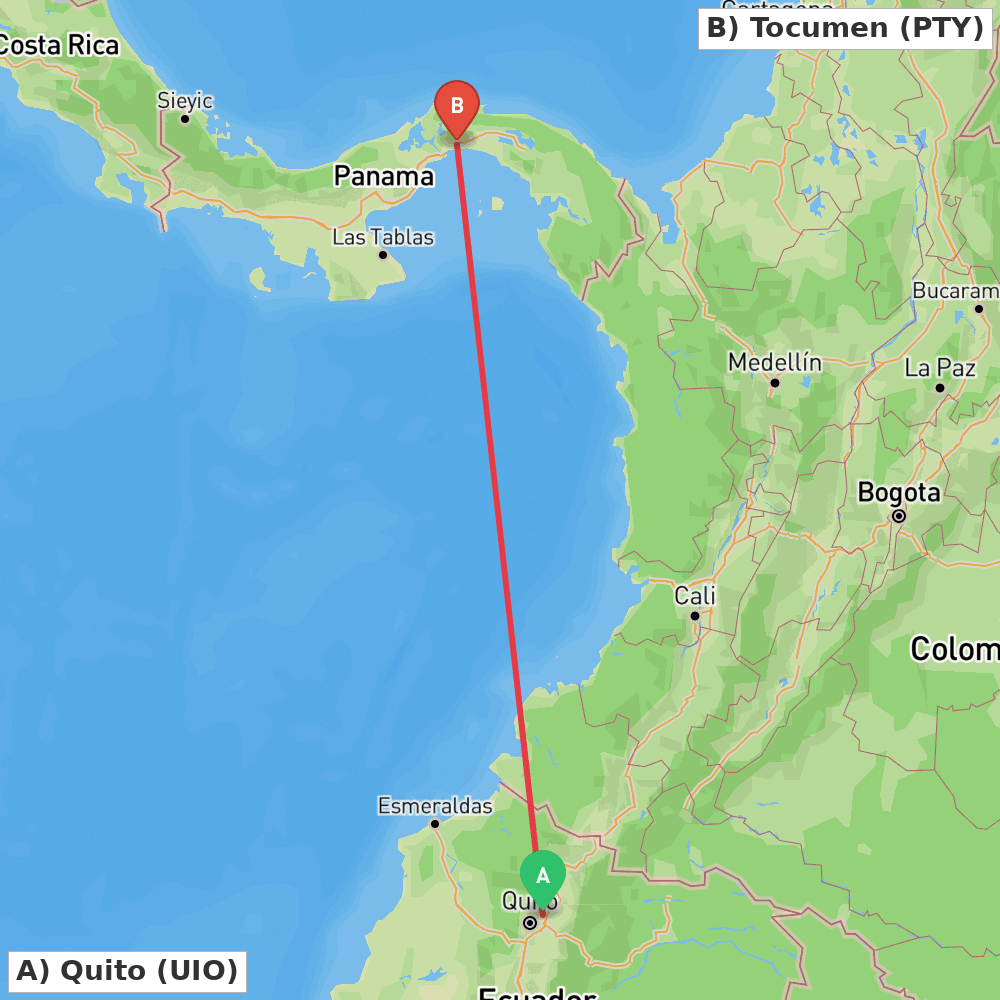 Flight route map from Quito to Tocumen