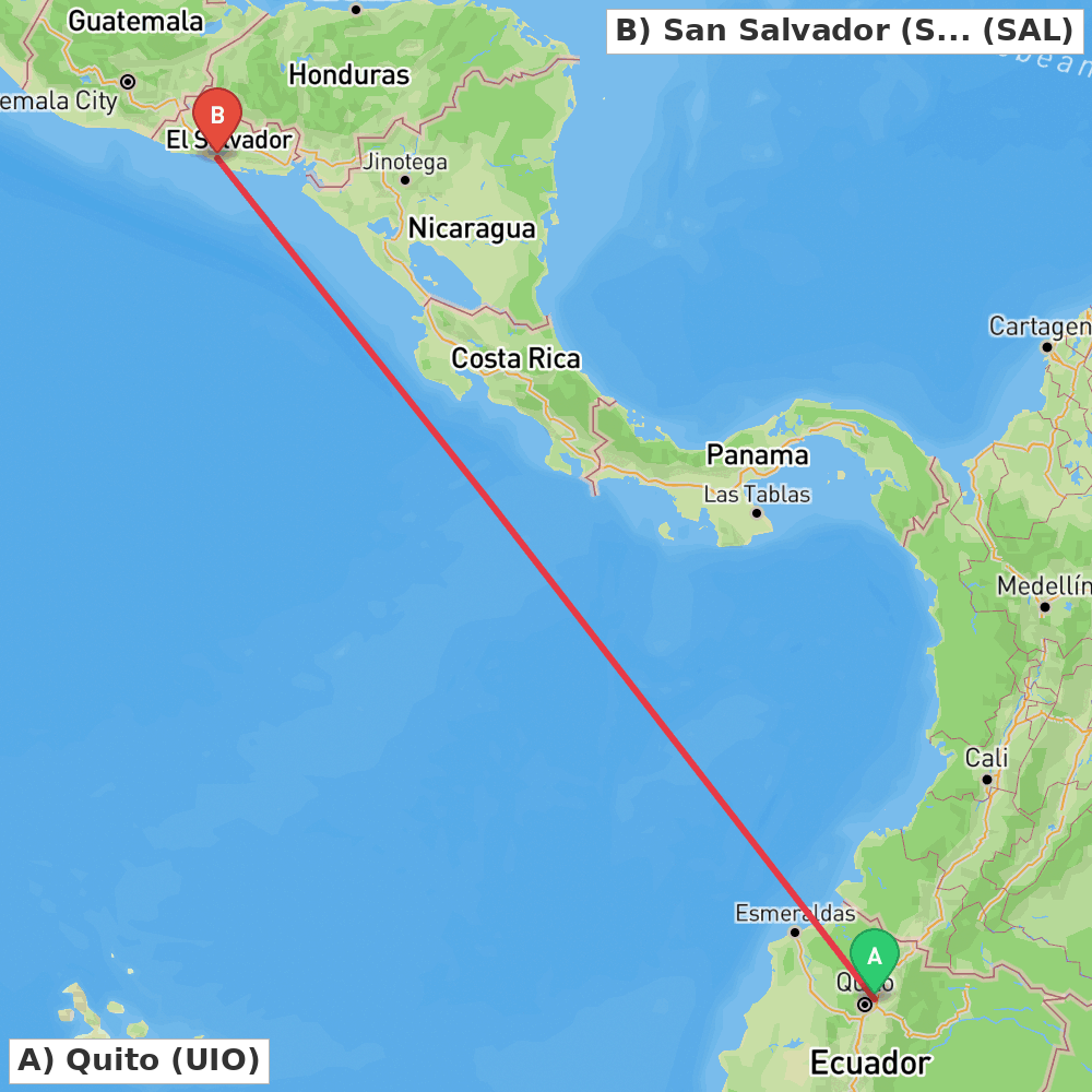 Flight route map from Quito to San Salvador (San Luis Talpa)