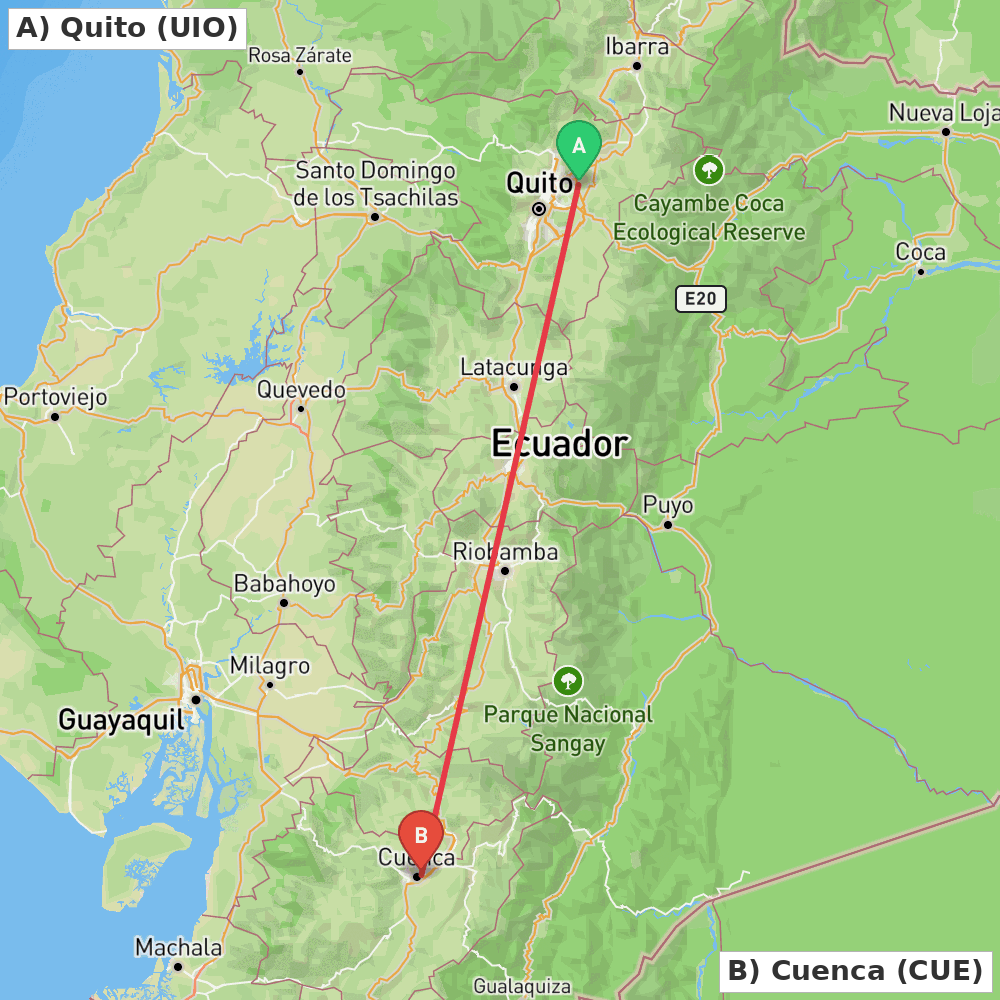 Flight route map from Quito to Cuenca