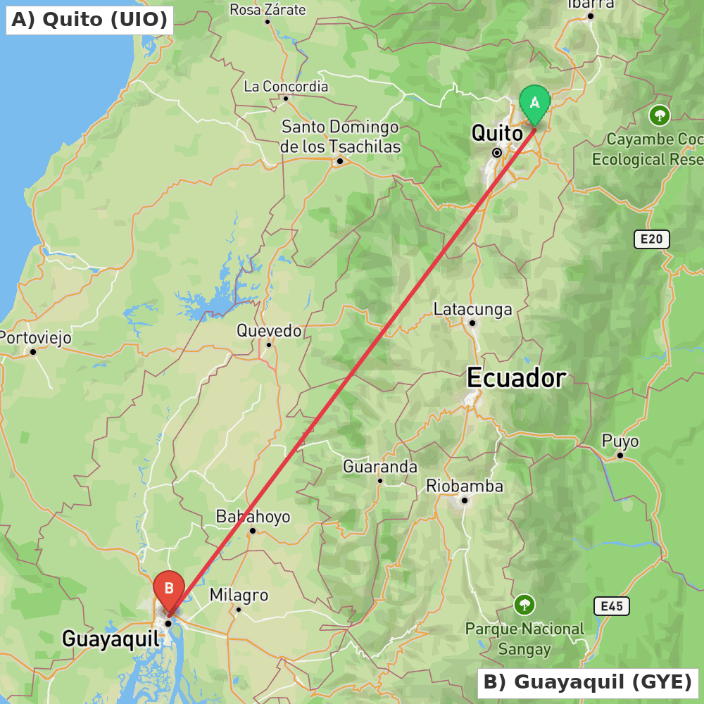 Flight route map from Quito to Guayaquil