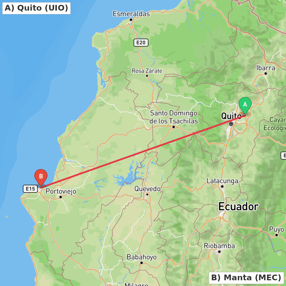Flight route map from Quito to Manta