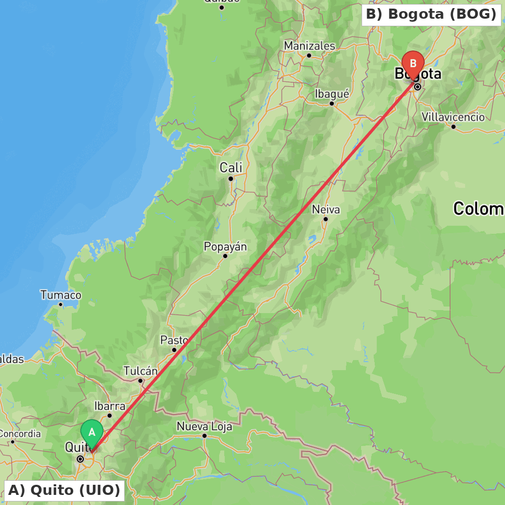 Flight route map from Quito to Bogota
