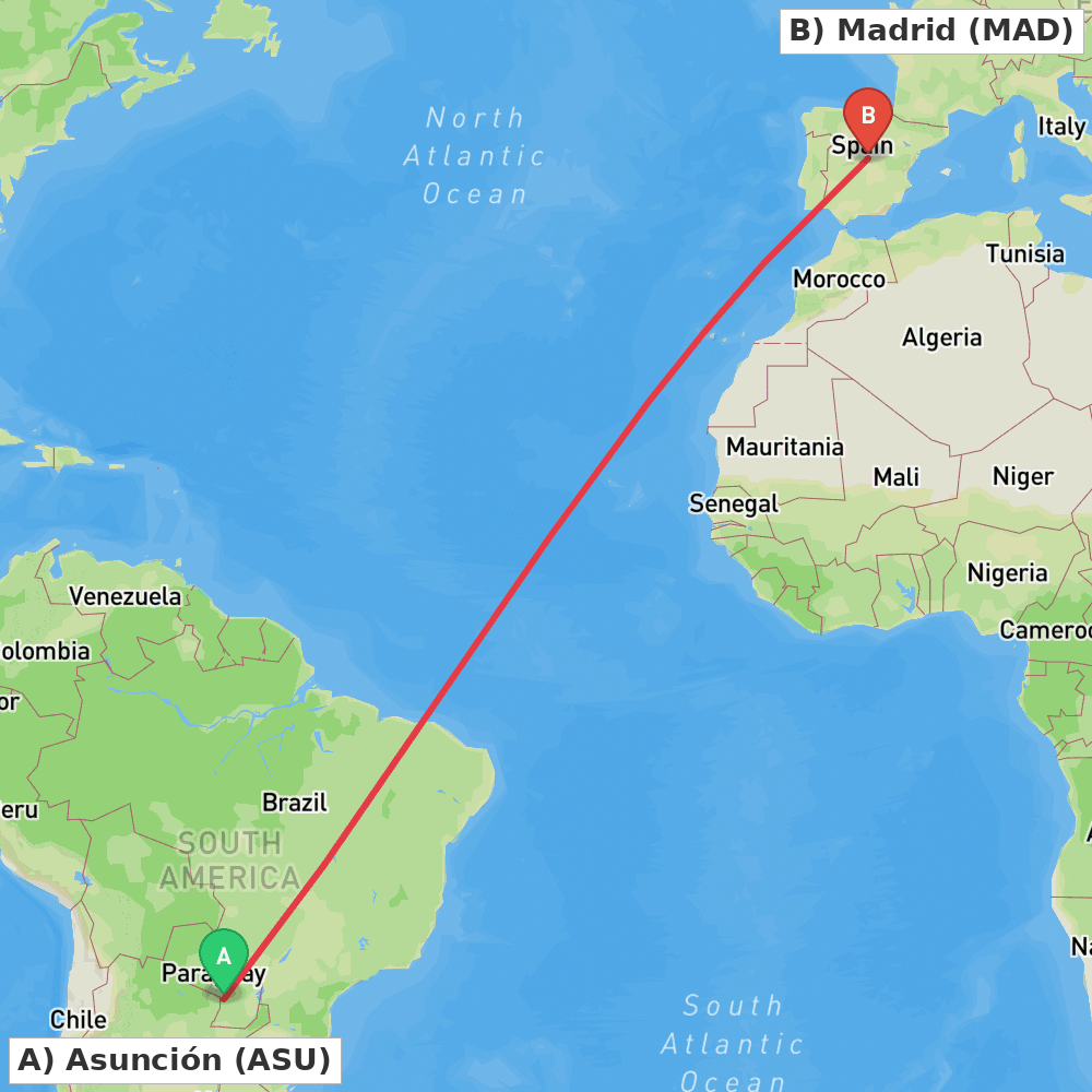 Flight route map from Asunción to Madrid