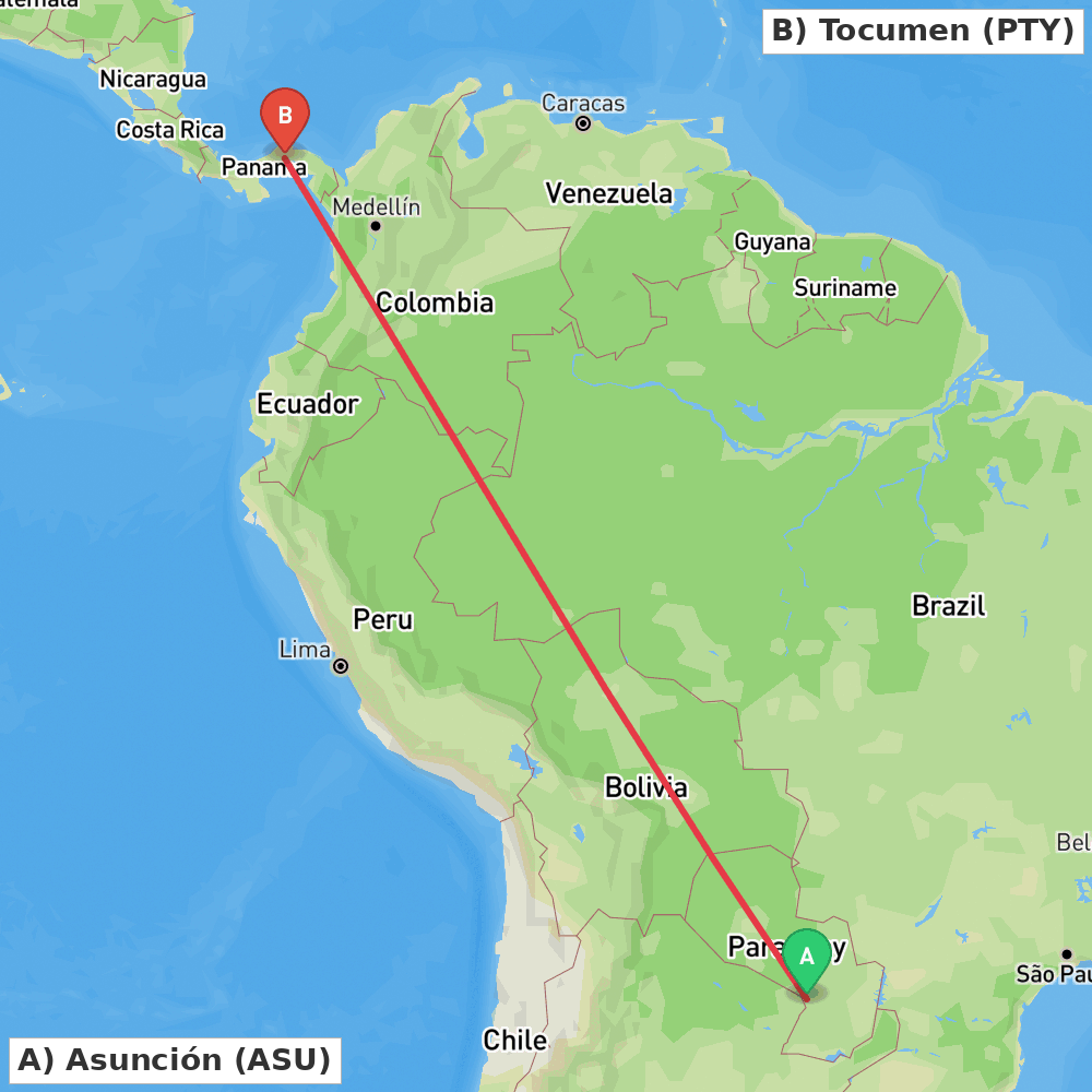 Flight route map from Asunción to Tocumen