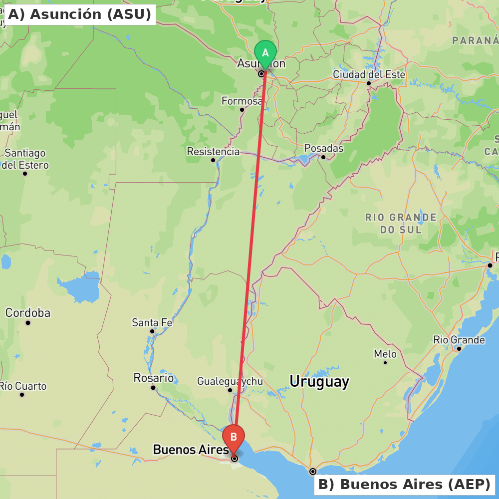 Flight route map from Asunción to Buenos Aires