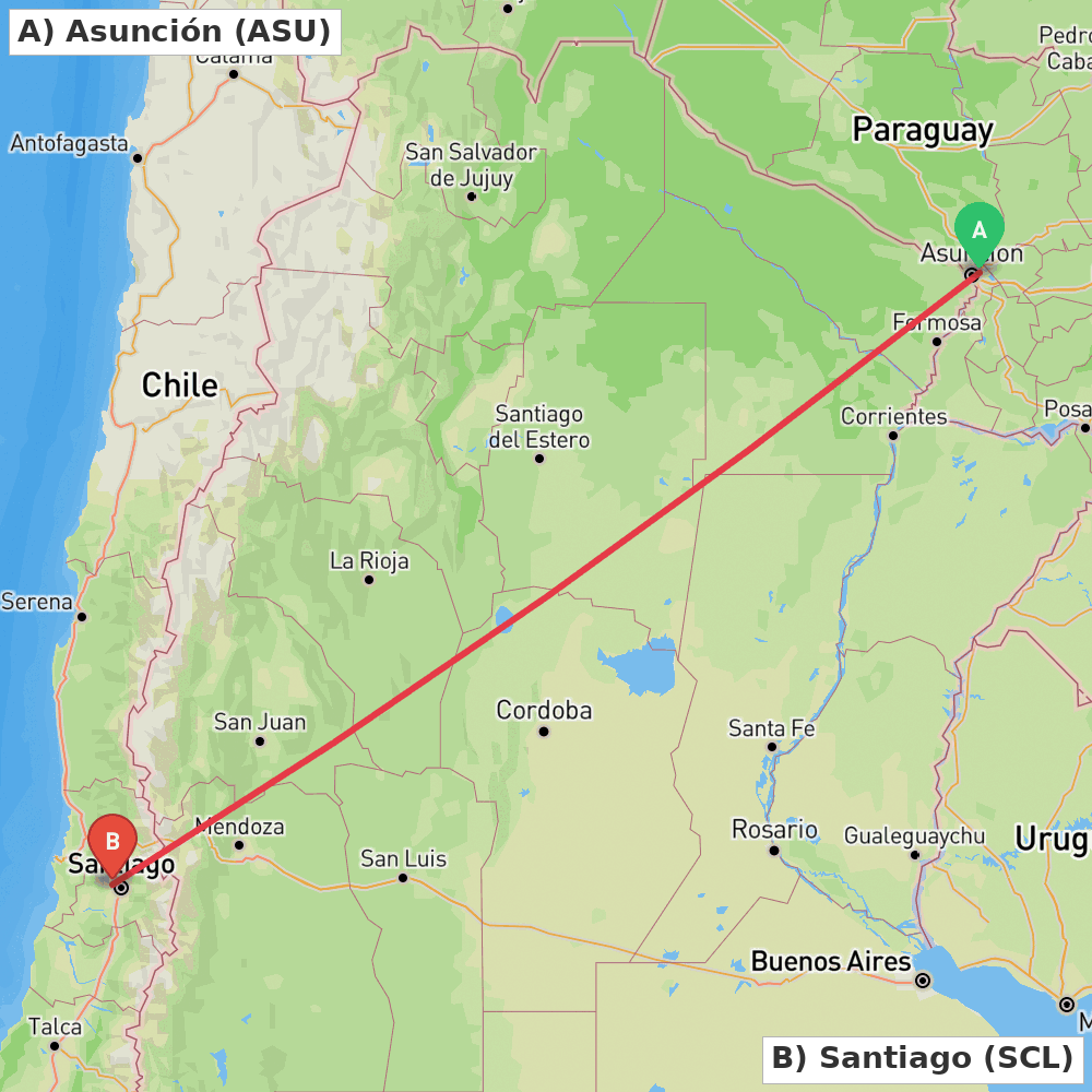 Flight route map from Asunción to Santiago